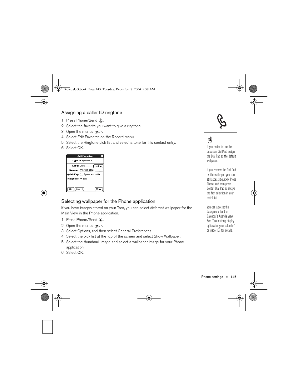 Assigning a caller id ringtone, Selecting wallpaper for the phone application | Palm TREOTM 650 User Manual | Page 147 / 208