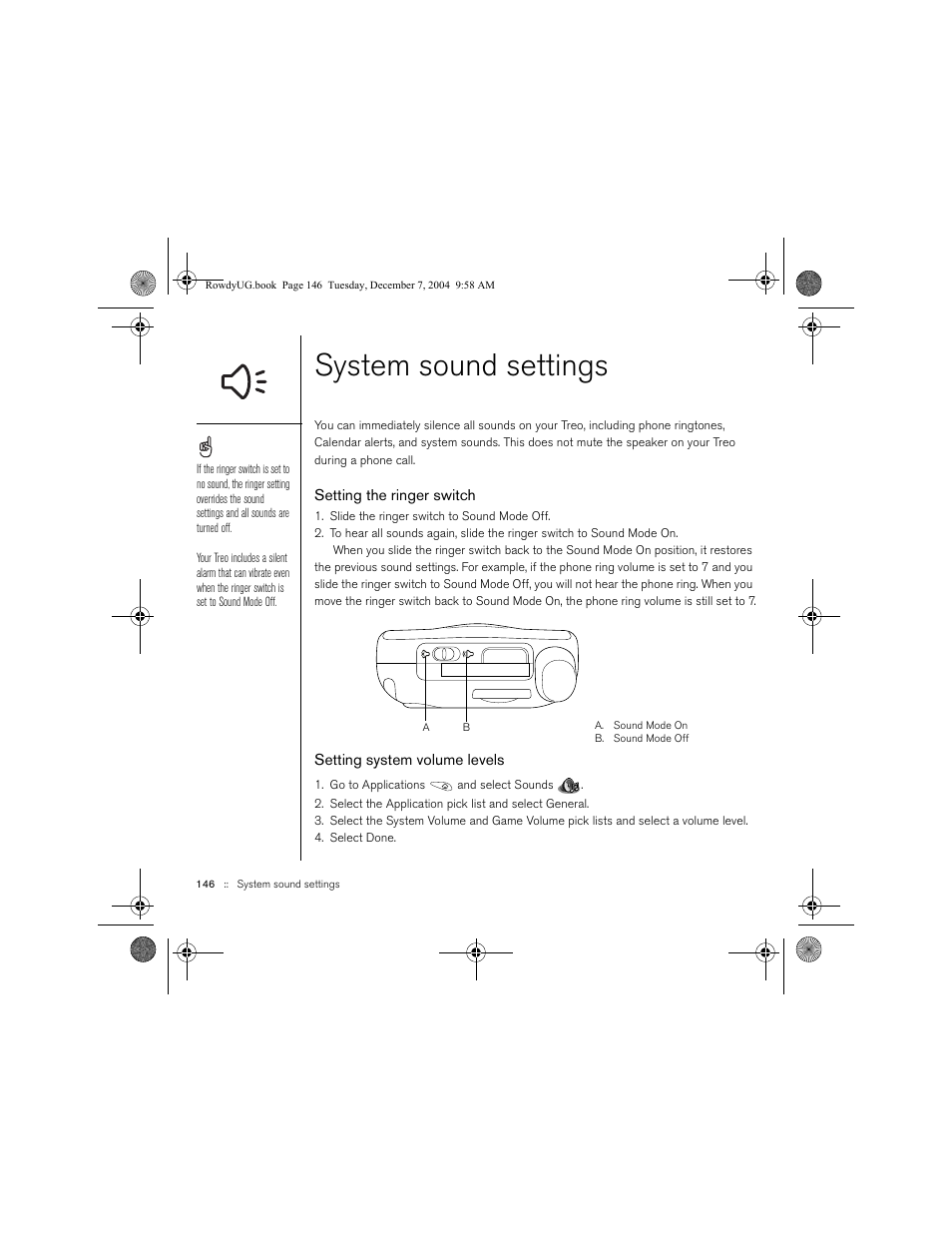 System sound settings, Setting the ringer switch, Setting system volume levels | Palm TREOTM 650 User Manual | Page 148 / 208