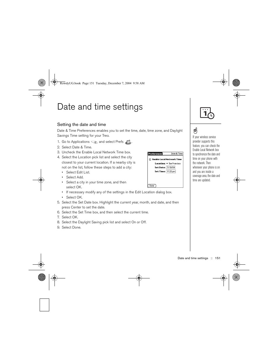 Date and time settings, Setting the date and time | Palm TREOTM 650 User Manual | Page 153 / 208