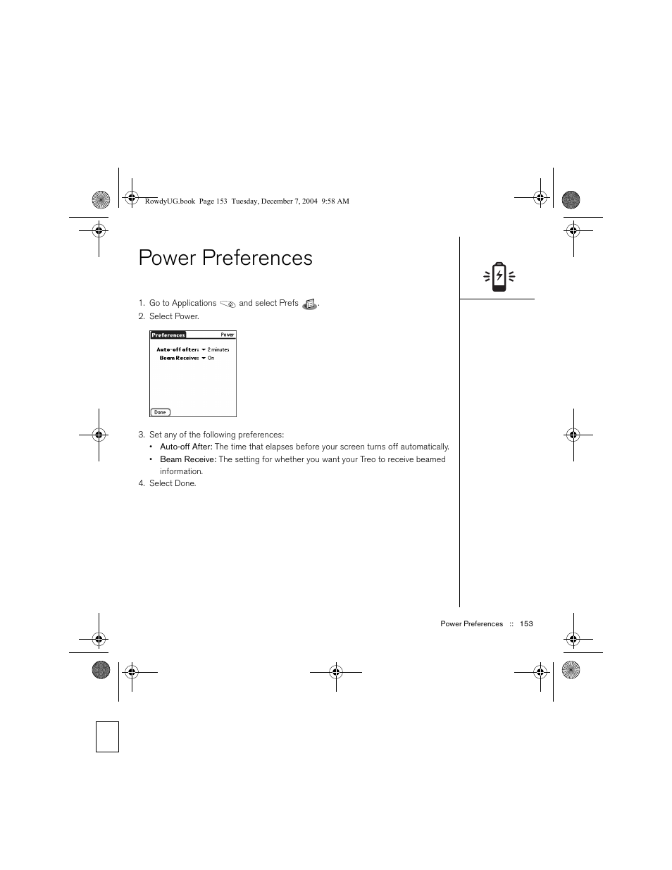 Power preferences, Power preferences” on | Palm TREOTM 650 User Manual | Page 155 / 208