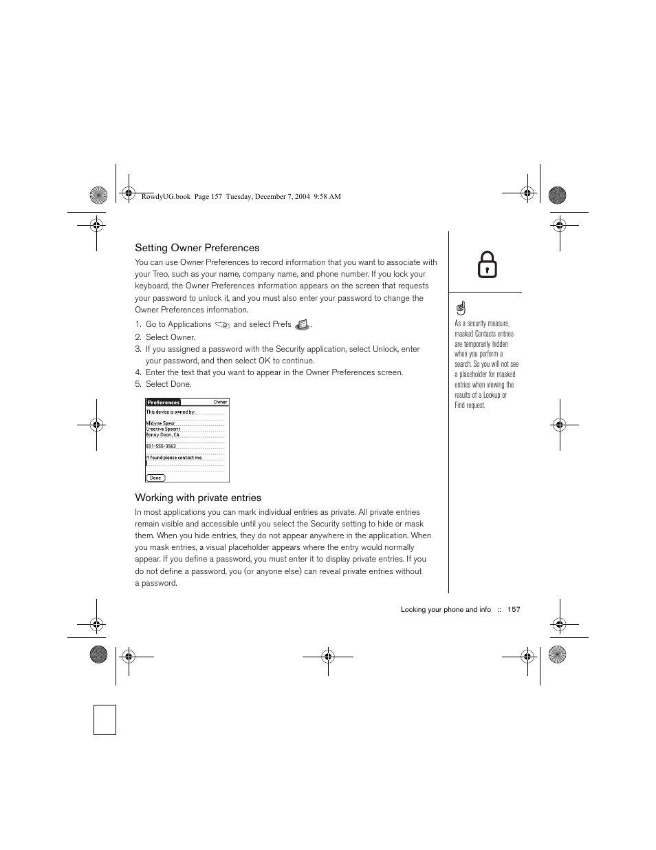 Setting owner preferences, Working with private entries | Palm TREOTM 650 User Manual | Page 159 / 208