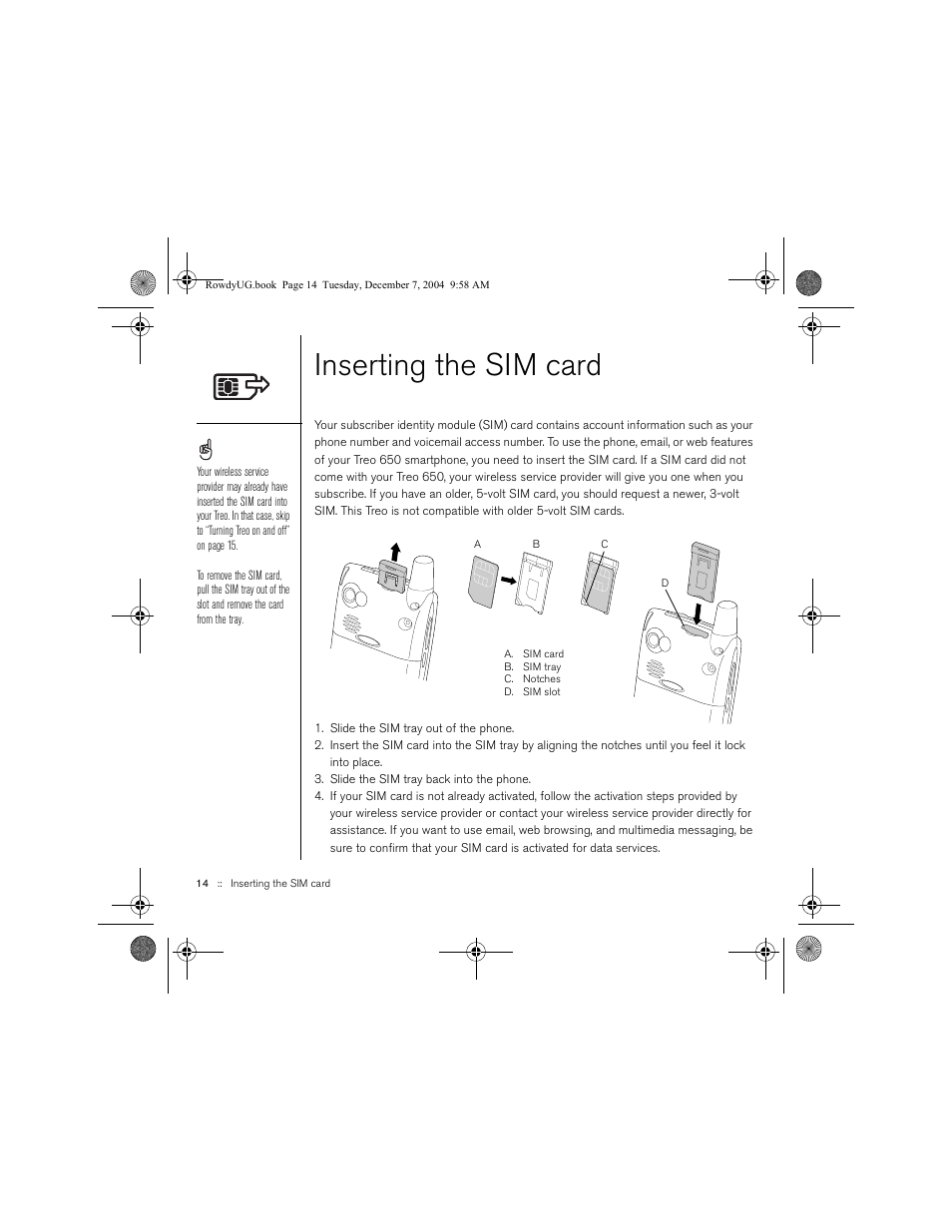 Inserting the sim card | Palm TREOTM 650 User Manual | Page 16 / 208