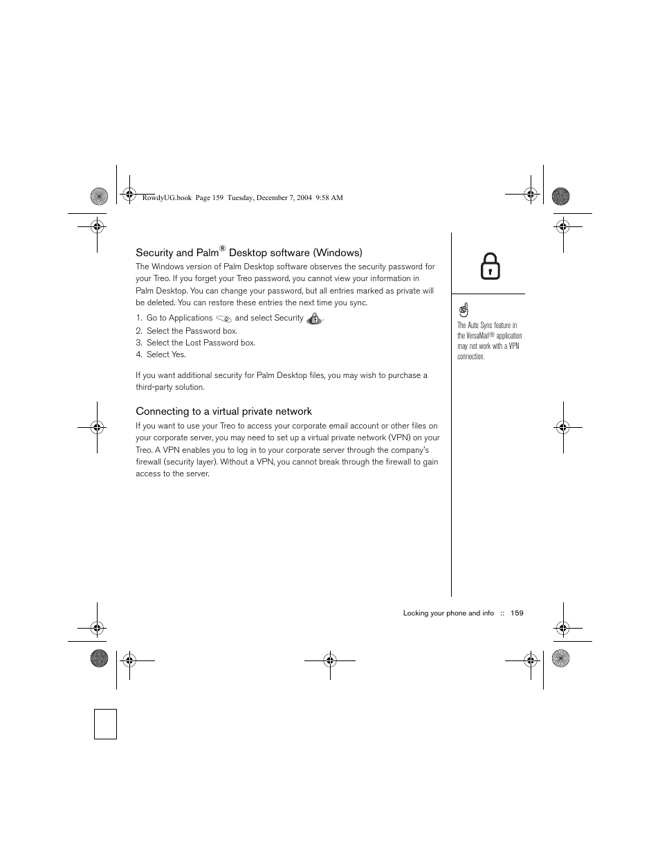 Security and palm® desktop software (windows), Connecting to a virtual private network | Palm TREOTM 650 User Manual | Page 161 / 208