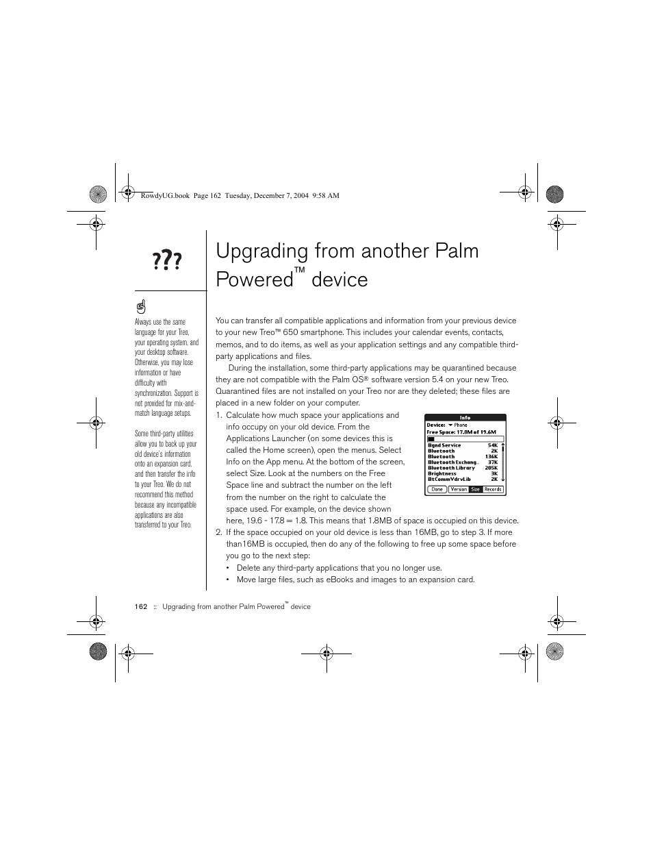 Upgrading from another palm powered™ device, Upgrading from another palm powered, Device | Upgrading from another, Palm powered, Device” on | Palm TREOTM 650 User Manual | Page 164 / 208