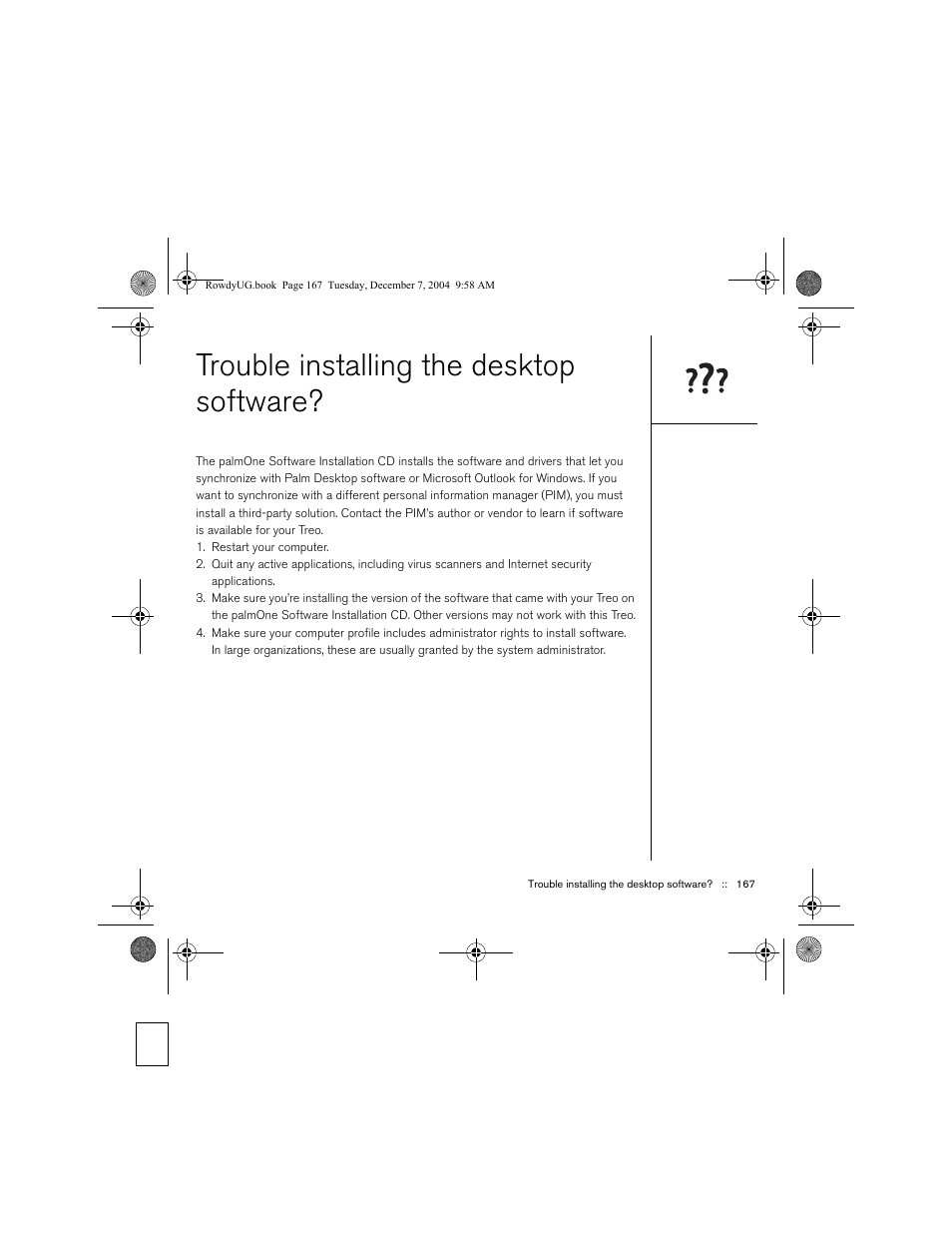 Trouble installing the desktop software | Palm TREOTM 650 User Manual | Page 169 / 208