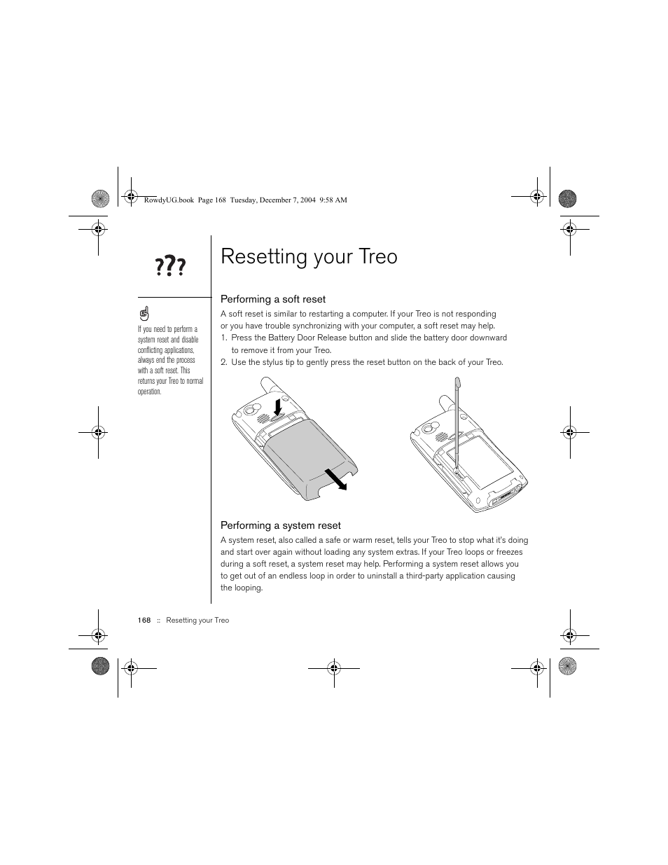 Resetting your treo, Performing a soft reset, Performing a system reset | Palm TREOTM 650 User Manual | Page 170 / 208