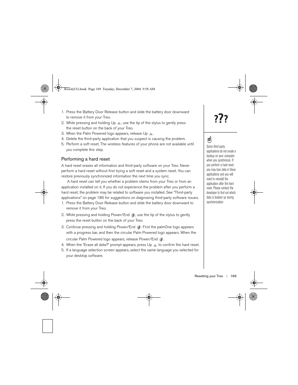 Performing a hard reset | Palm TREOTM 650 User Manual | Page 171 / 208