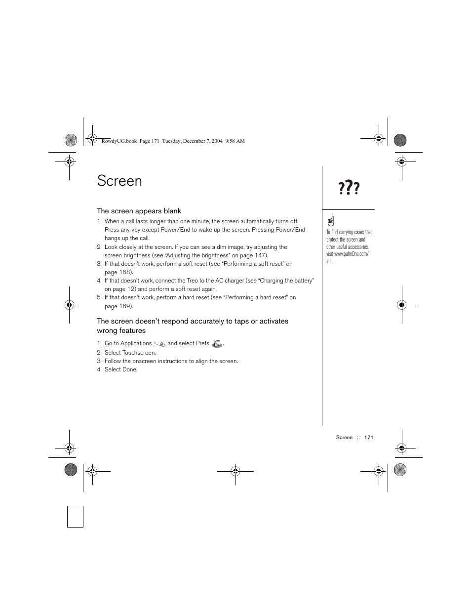 Screen, The screen appears blank | Palm TREOTM 650 User Manual | Page 173 / 208