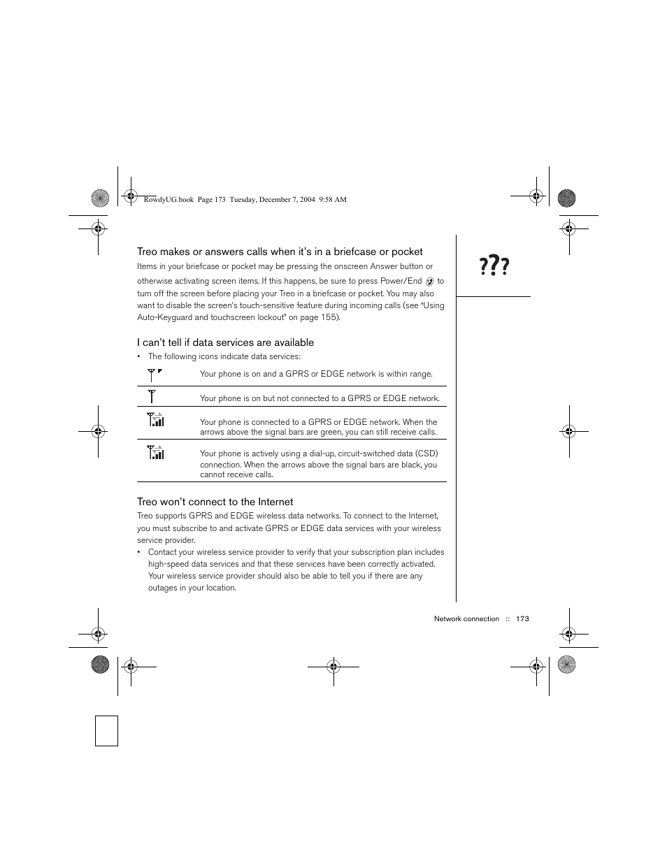 I can’t tell if data services are available, Treo won’t connect to the internet | Palm TREOTM 650 User Manual | Page 175 / 208