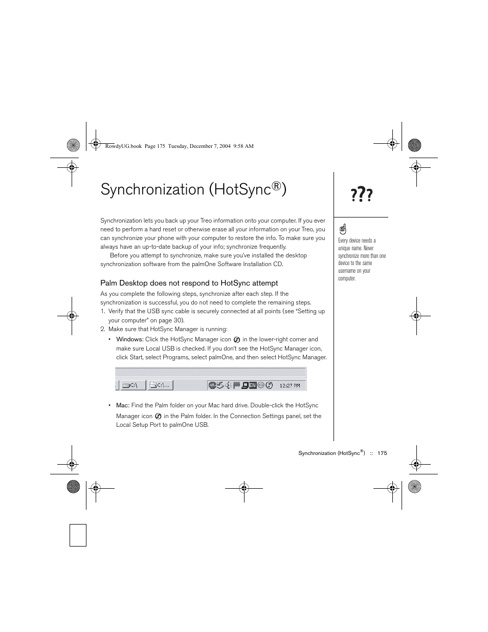 Synchronization (hotsync®), Palm desktop does not respond to hotsync attempt, Synchronization (hotsync | G, see “synchronization (hotsync | Palm TREOTM 650 User Manual | Page 177 / 208