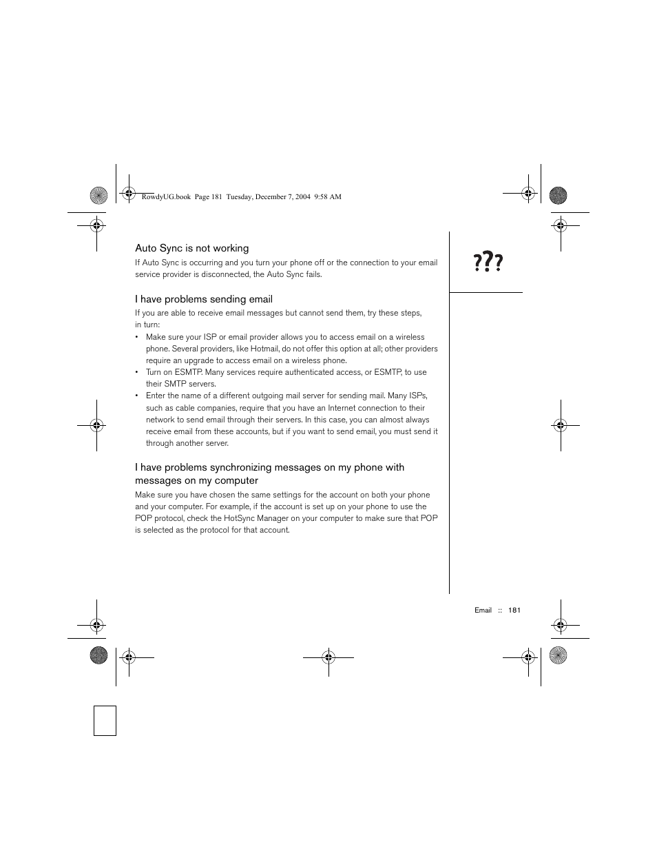 Auto sync is not working, I have problems sending email | Palm TREOTM 650 User Manual | Page 183 / 208