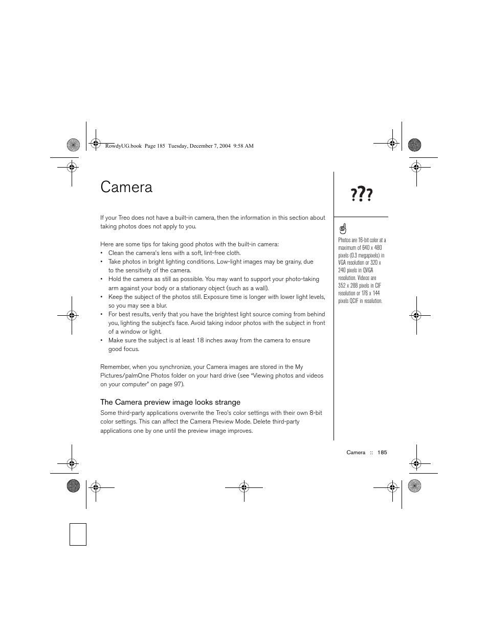 Camera, The camera preview image looks strange | Palm TREOTM 650 User Manual | Page 187 / 208