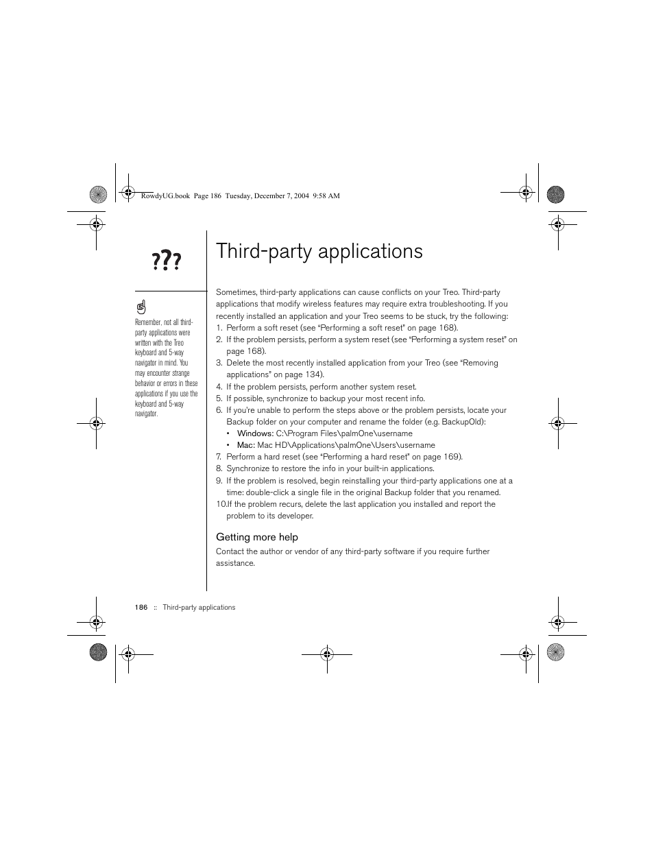 Third-party applications, Getting more help | Palm TREOTM 650 User Manual | Page 188 / 208