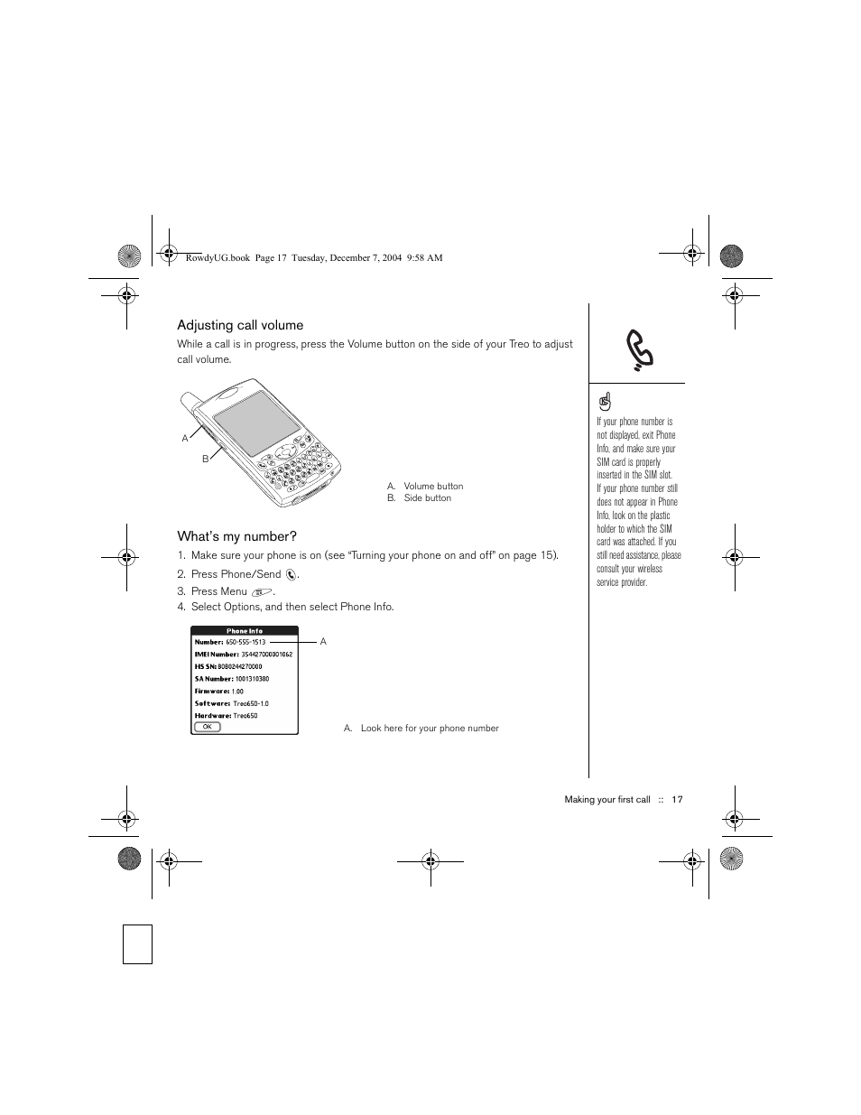Adjusting call volume, What’s my number | Palm TREOTM 650 User Manual | Page 19 / 208