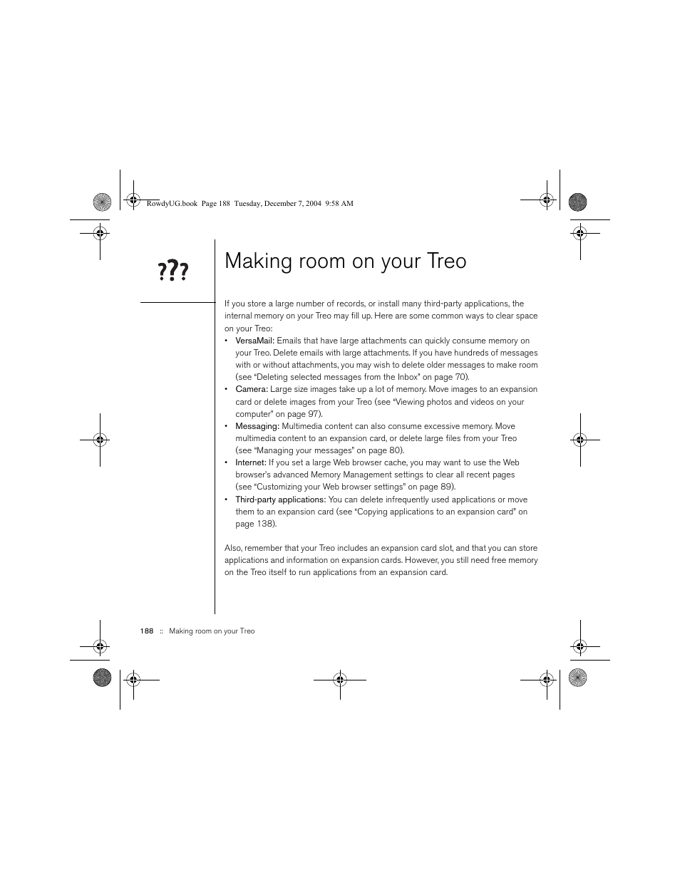 Making room on your treo | Palm TREOTM 650 User Manual | Page 190 / 208