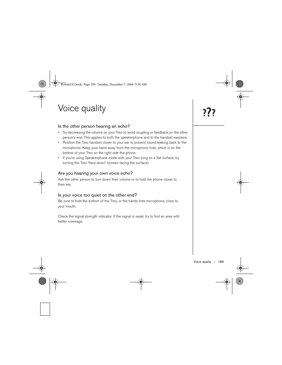 Voice quality, Is the other person hearing an echo, Are you hearing your own voice echo | Is your voice too quiet on the other end | Palm TREOTM 650 User Manual | Page 191 / 208