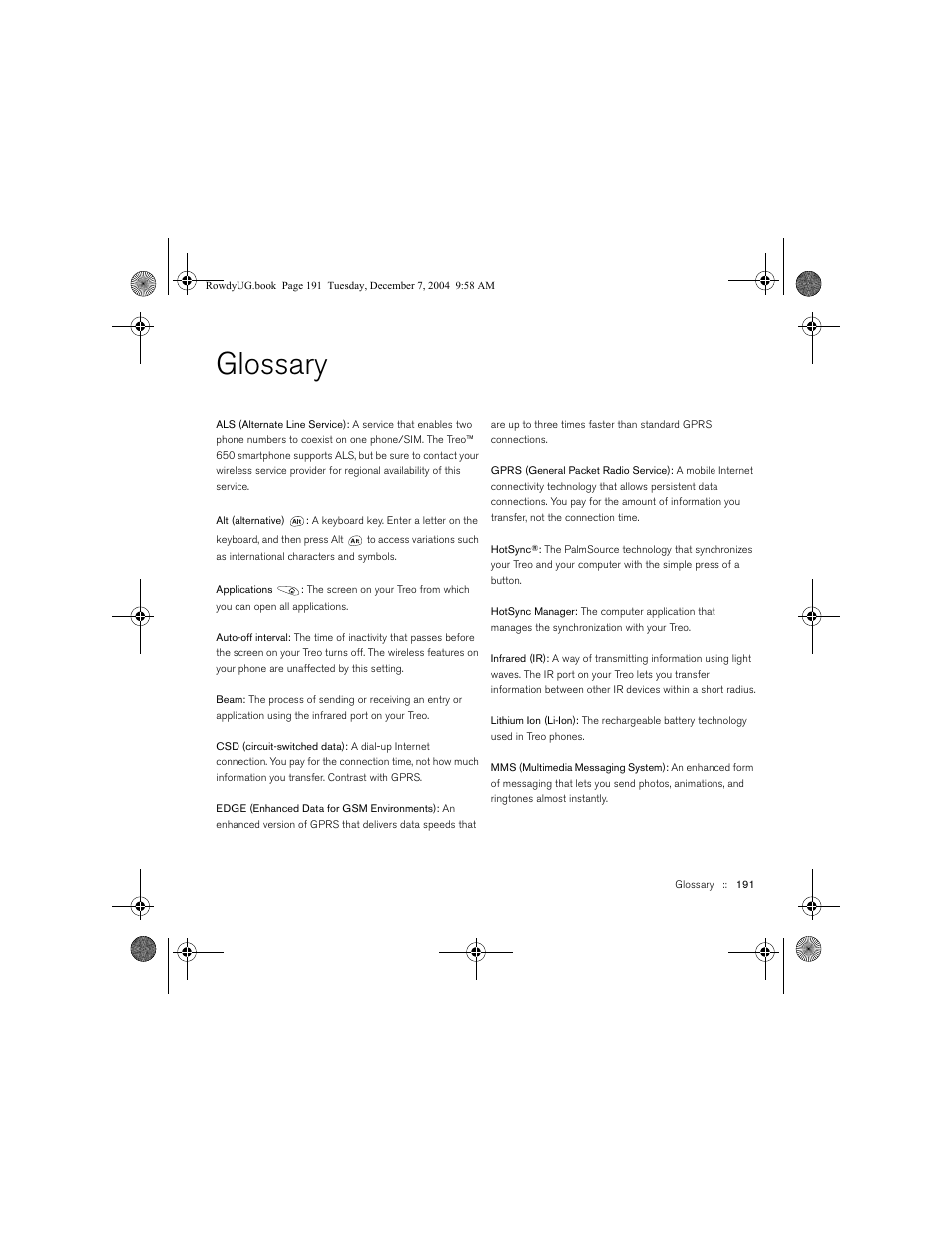 Glossary | Palm TREOTM 650 User Manual | Page 193 / 208