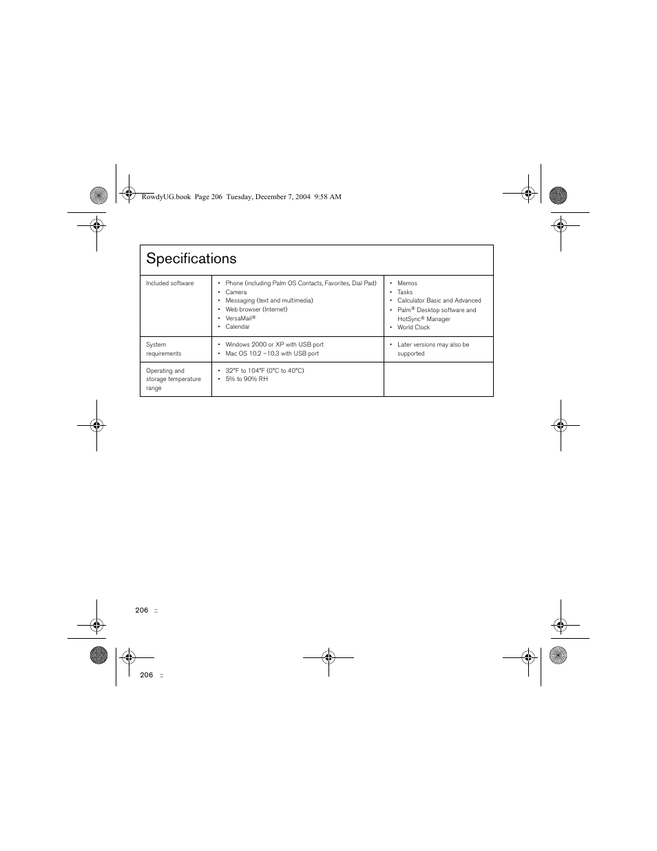 Specifications | Palm TREOTM 650 User Manual | Page 208 / 208