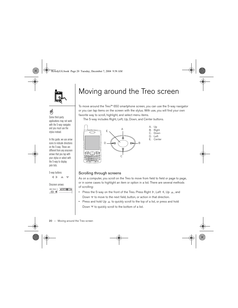 Moving around the treo screen, Scrolling through screens | Palm TREOTM 650 User Manual | Page 22 / 208