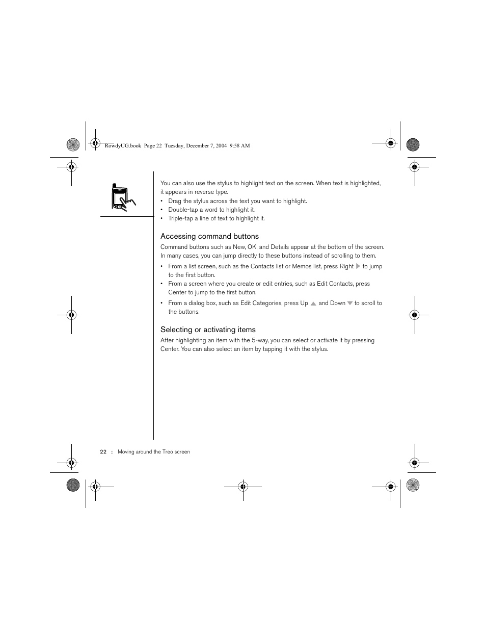 Accessing command buttons, Selecting or activating items | Palm TREOTM 650 User Manual | Page 24 / 208