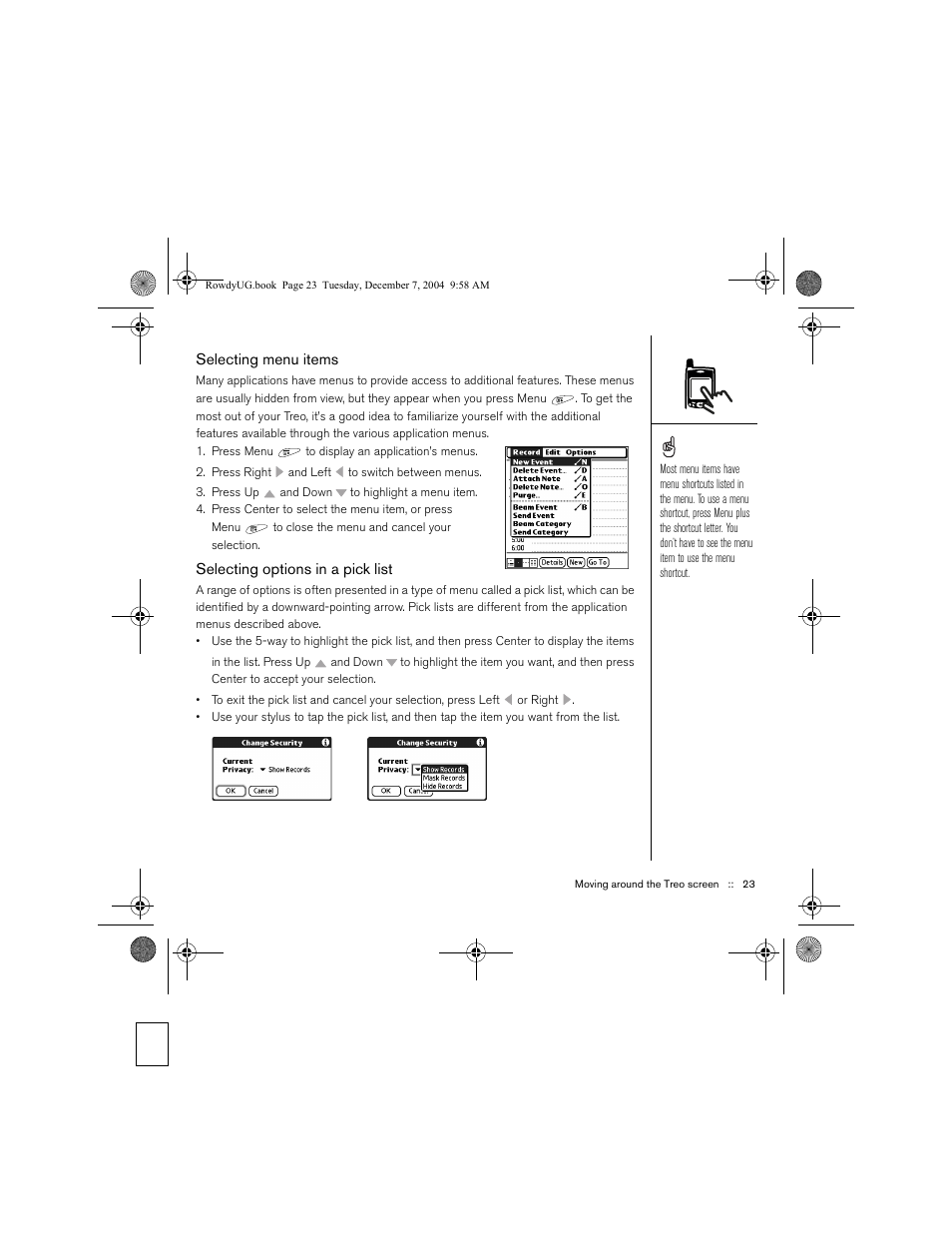 Selecting menu items, Selecting options in a pick list | Palm TREOTM 650 User Manual | Page 25 / 208