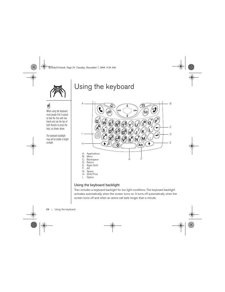 Using the keyboard, Using the keyboard backlight | Palm TREOTM 650 User Manual | Page 26 / 208