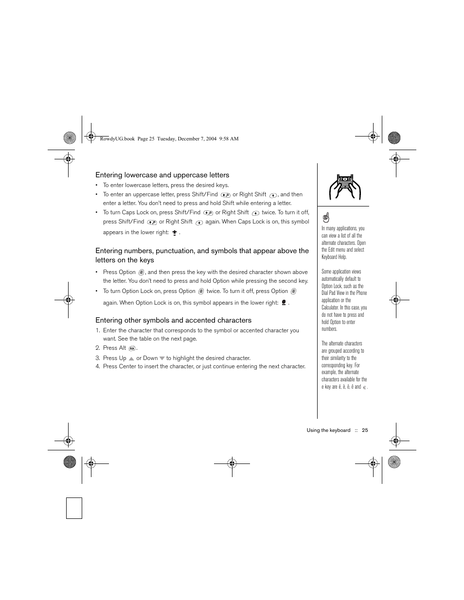 Entering lowercase and uppercase letters, Entering other symbols and accented characters | Palm TREOTM 650 User Manual | Page 27 / 208