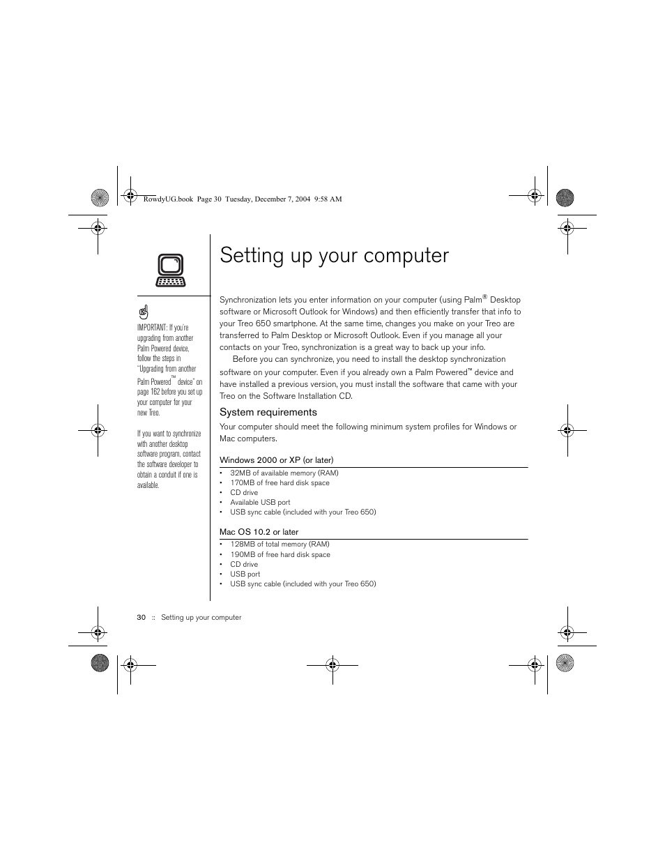 Setting up your computer, System requirements | Palm TREOTM 650 User Manual | Page 32 / 208