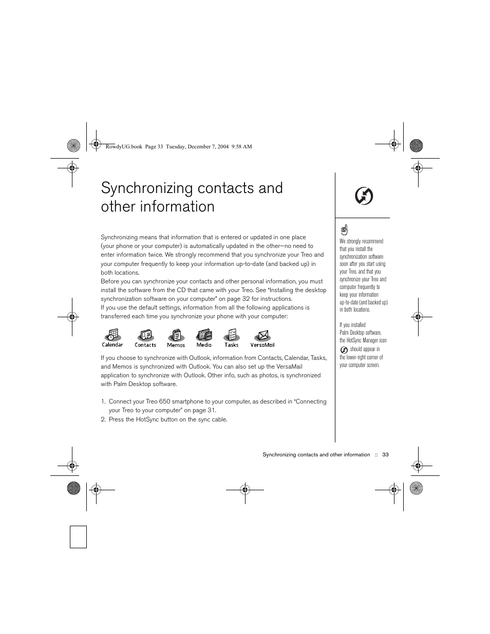 Synchronizing contacts and other information | Palm TREOTM 650 User Manual | Page 35 / 208