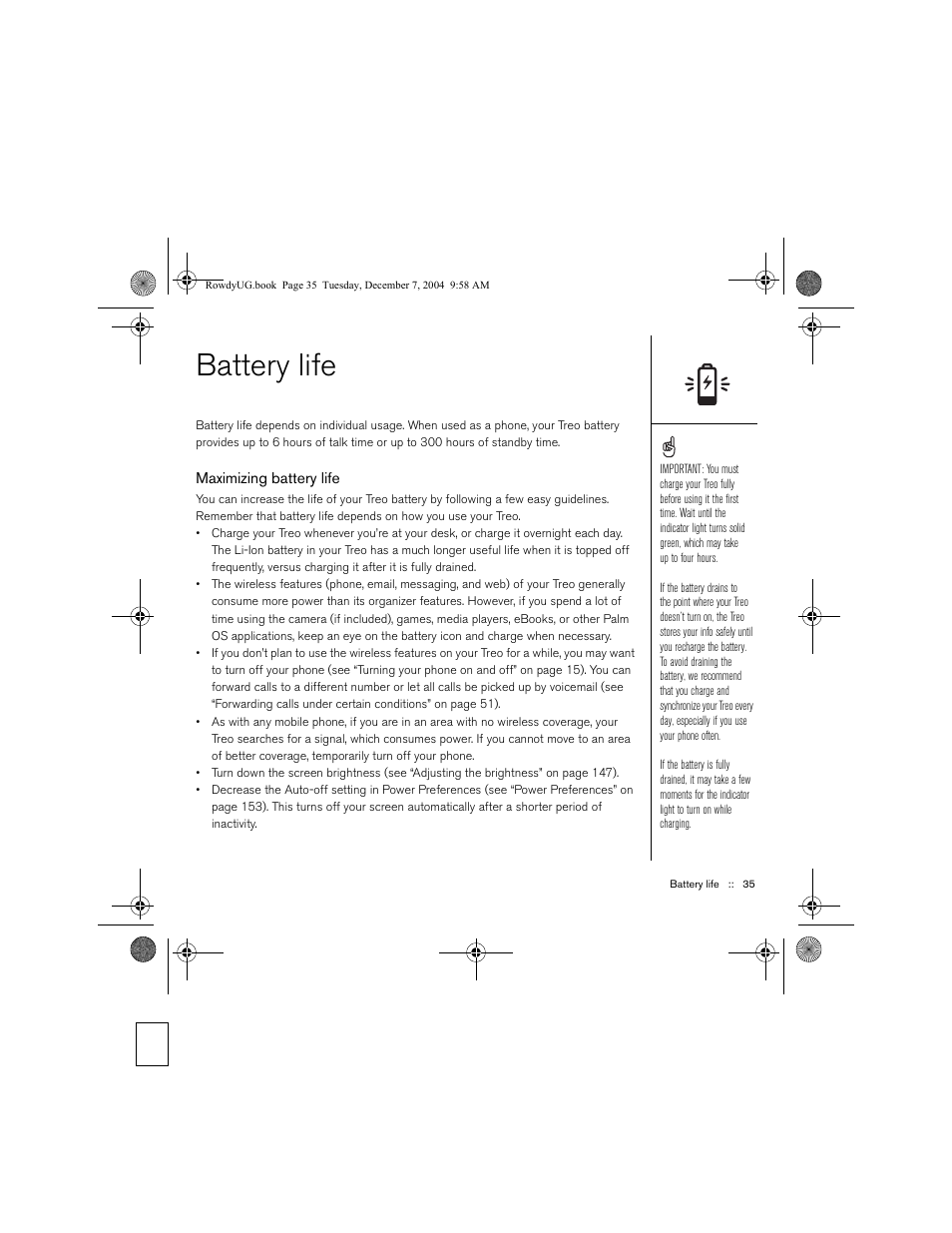 Battery life, Maximizing battery life | Palm TREOTM 650 User Manual | Page 37 / 208