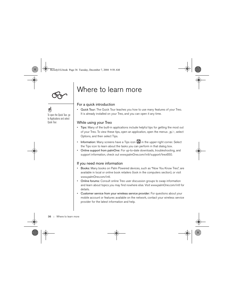 Where to learn more, For a quick introduction, While using your treo | If you need more information | Palm TREOTM 650 User Manual | Page 38 / 208