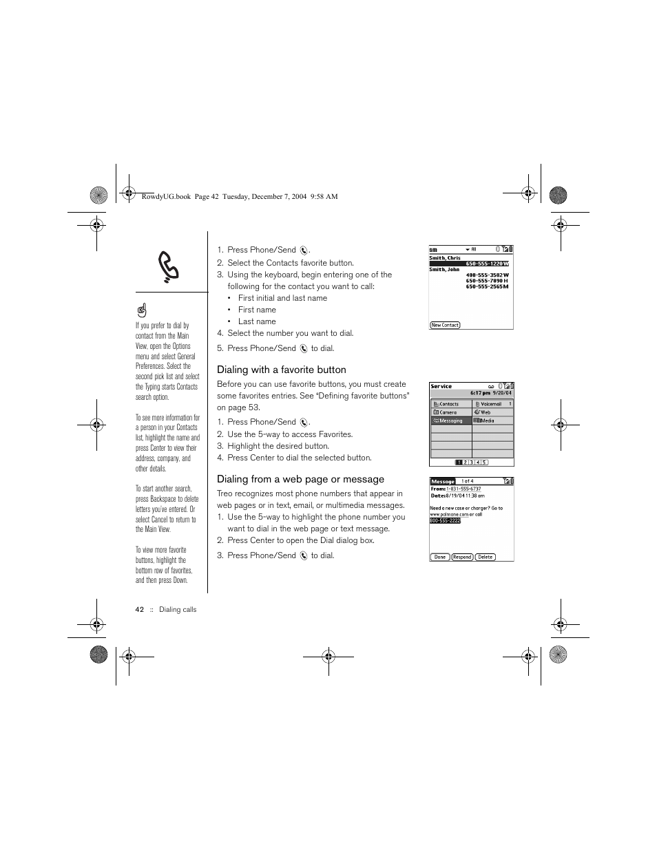 Dialing with a favorite button | Palm TREOTM 650 User Manual | Page 44 / 208