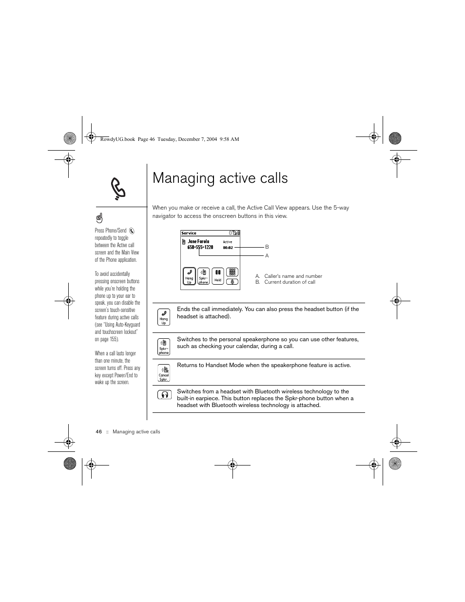 Managing active calls | Palm TREOTM 650 User Manual | Page 48 / 208