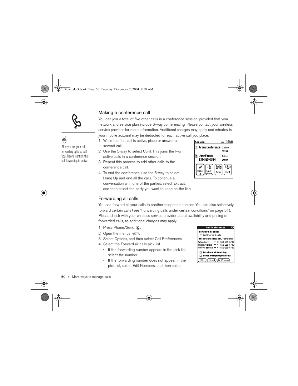 Making a conference call, Forwarding all calls | Palm TREOTM 650 User Manual | Page 52 / 208