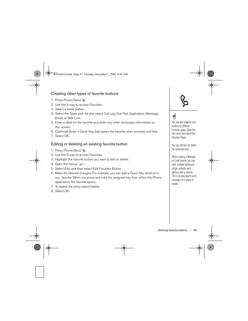 Creating other types of favorite buttons, Editing or deleting an existing favorite button | Palm TREOTM 650 User Manual | Page 57 / 208