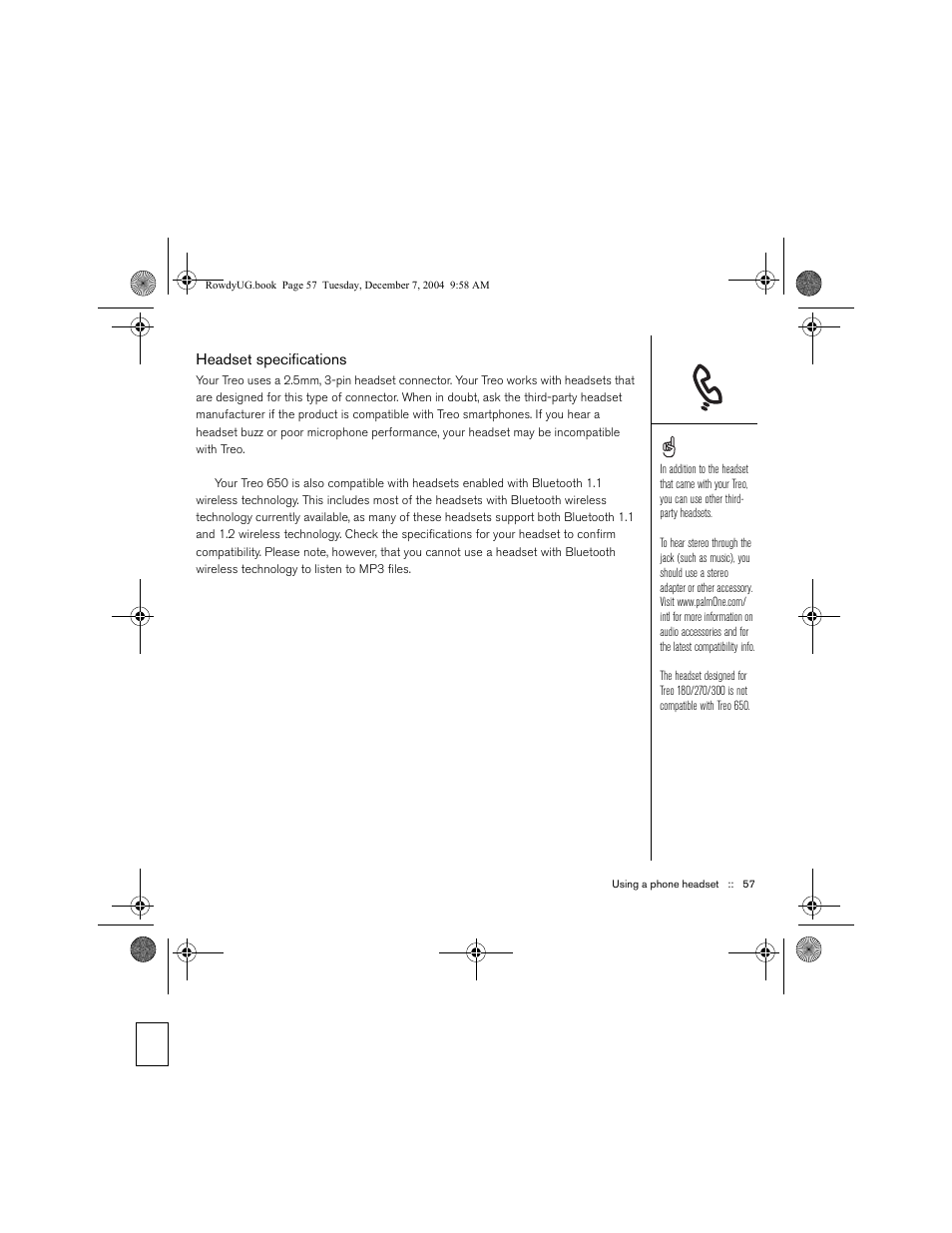 Headset specifications | Palm TREOTM 650 User Manual | Page 59 / 208