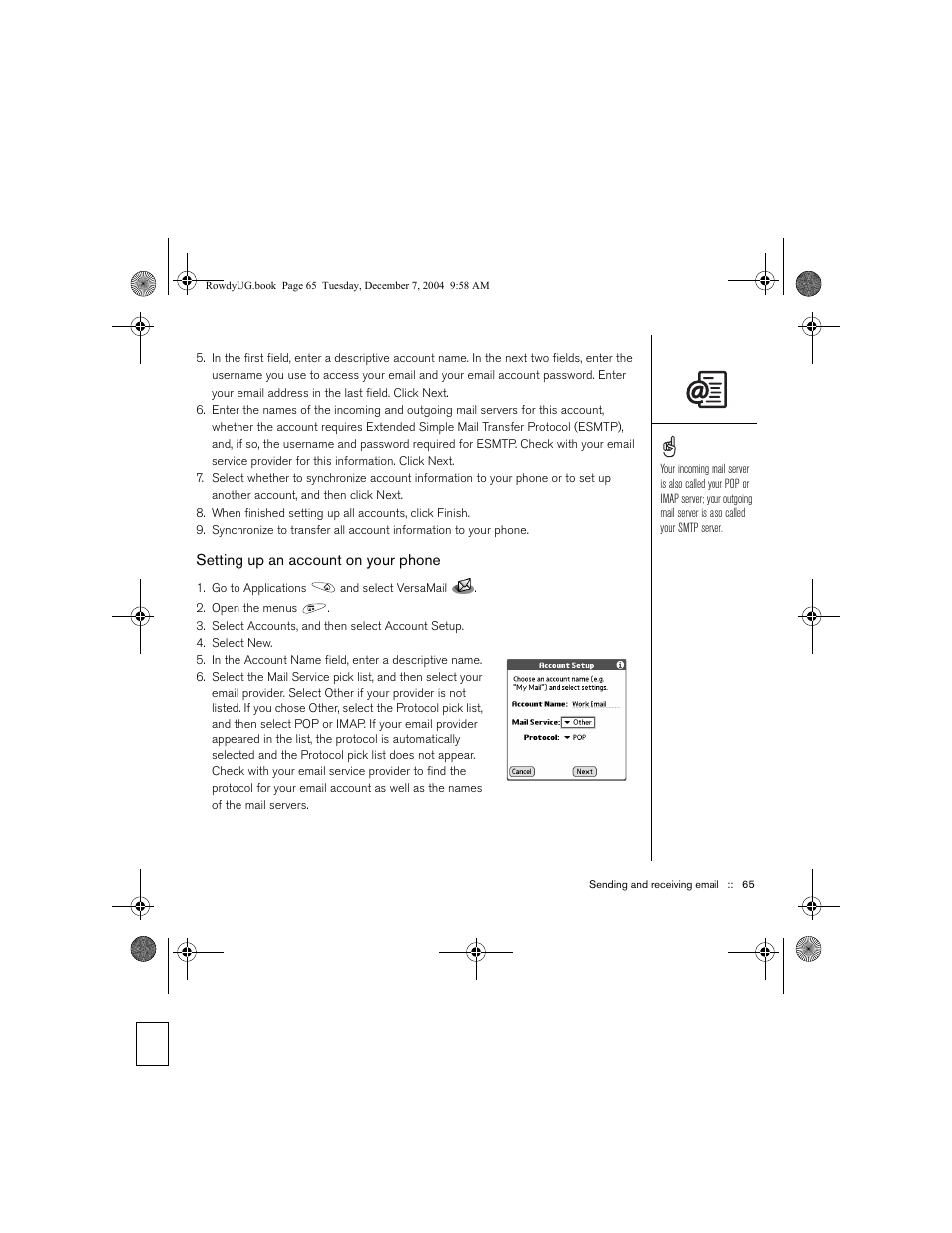 Setting up an account on your phone | Palm TREOTM 650 User Manual | Page 67 / 208