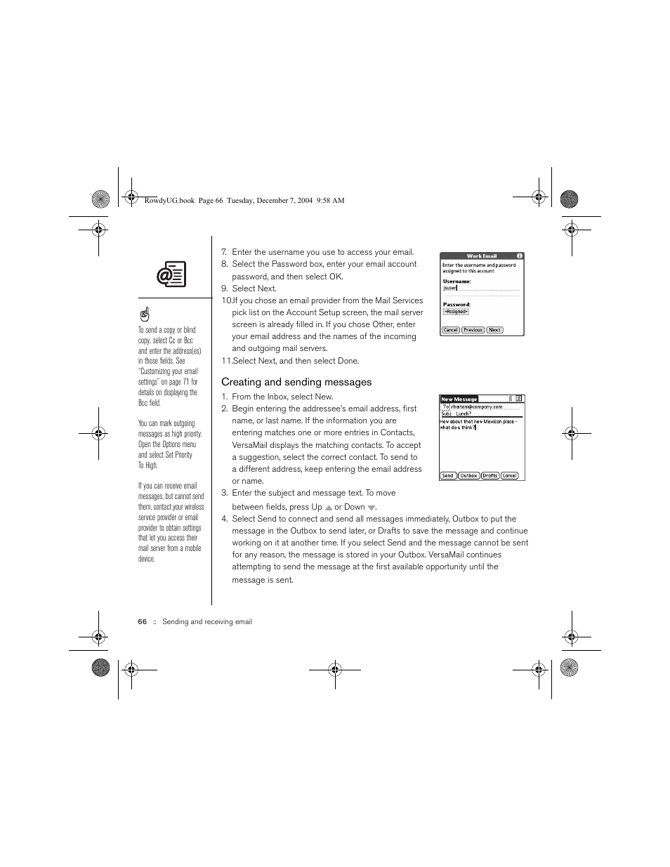 Creating and sending messages | Palm TREOTM 650 User Manual | Page 68 / 208