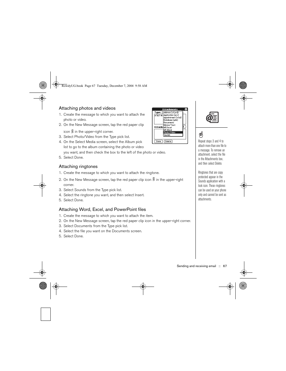 Attaching photos and videos, Attaching ringtones, Attaching word, excel, and powerpoint files | Palm TREOTM 650 User Manual | Page 69 / 208