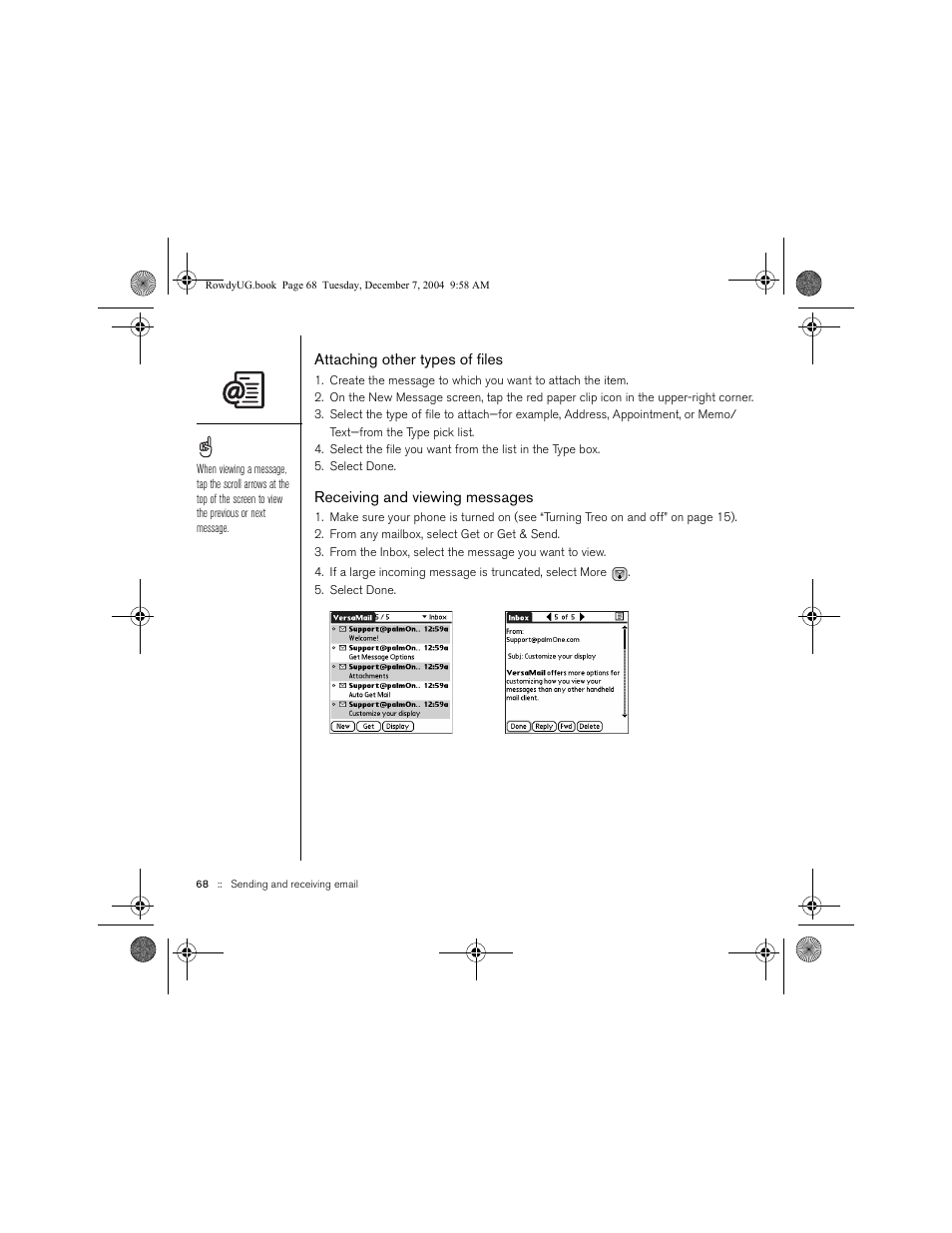 Attaching other types of files, Receiving and viewing messages | Palm TREOTM 650 User Manual | Page 70 / 208