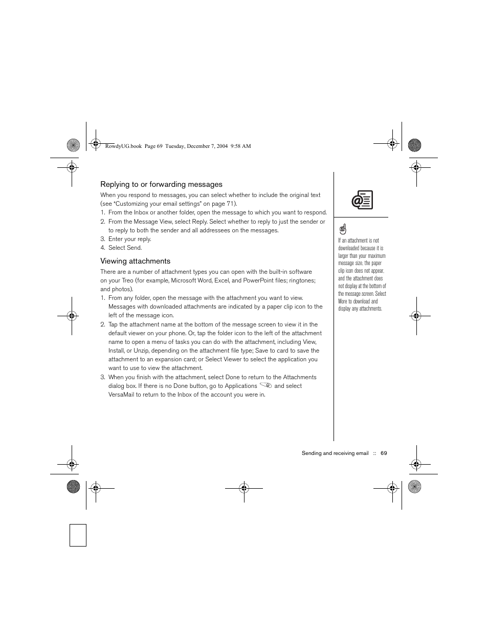 Replying to or forwarding messages, Viewing attachments | Palm TREOTM 650 User Manual | Page 71 / 208