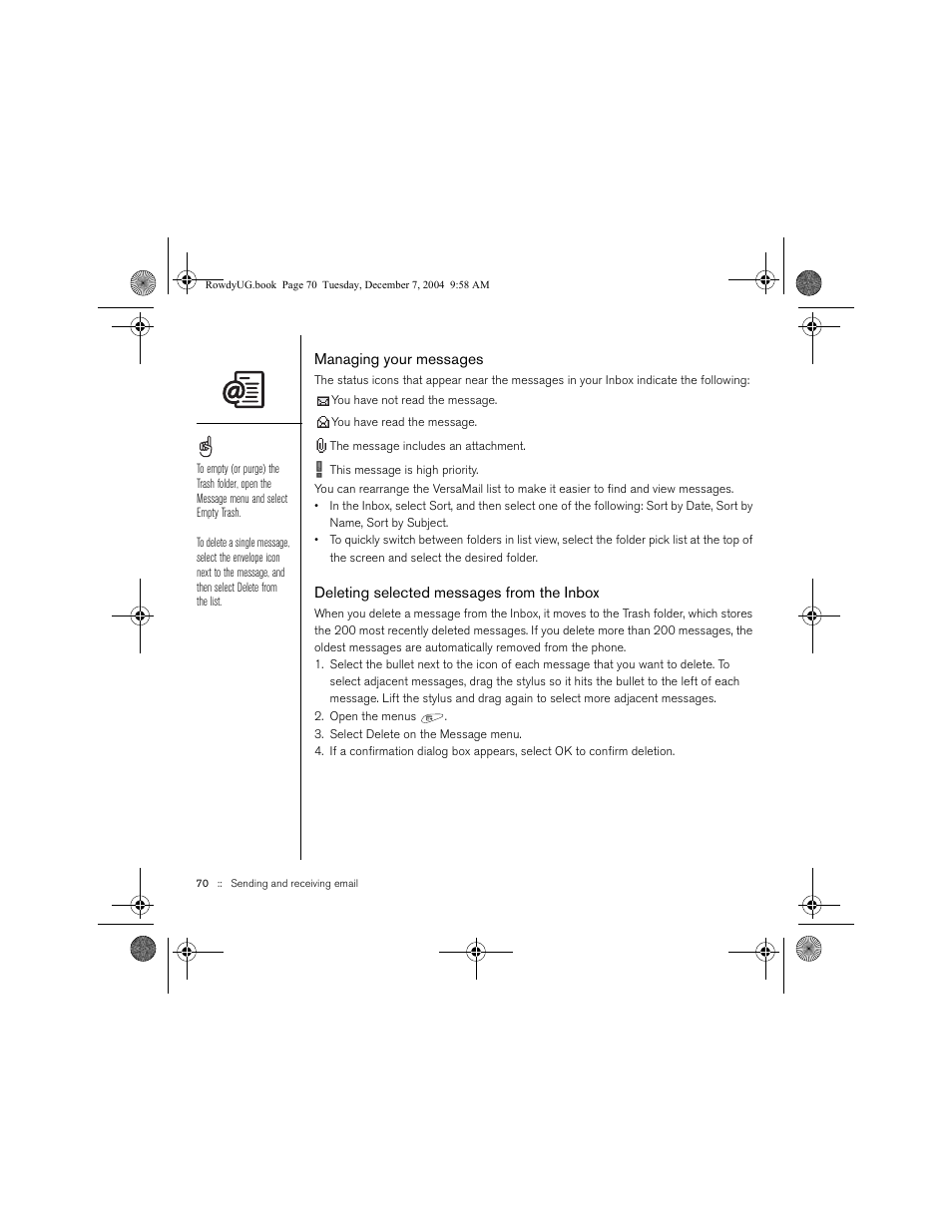 Managing your messages, Deleting selected messages from the inbox | Palm TREOTM 650 User Manual | Page 72 / 208