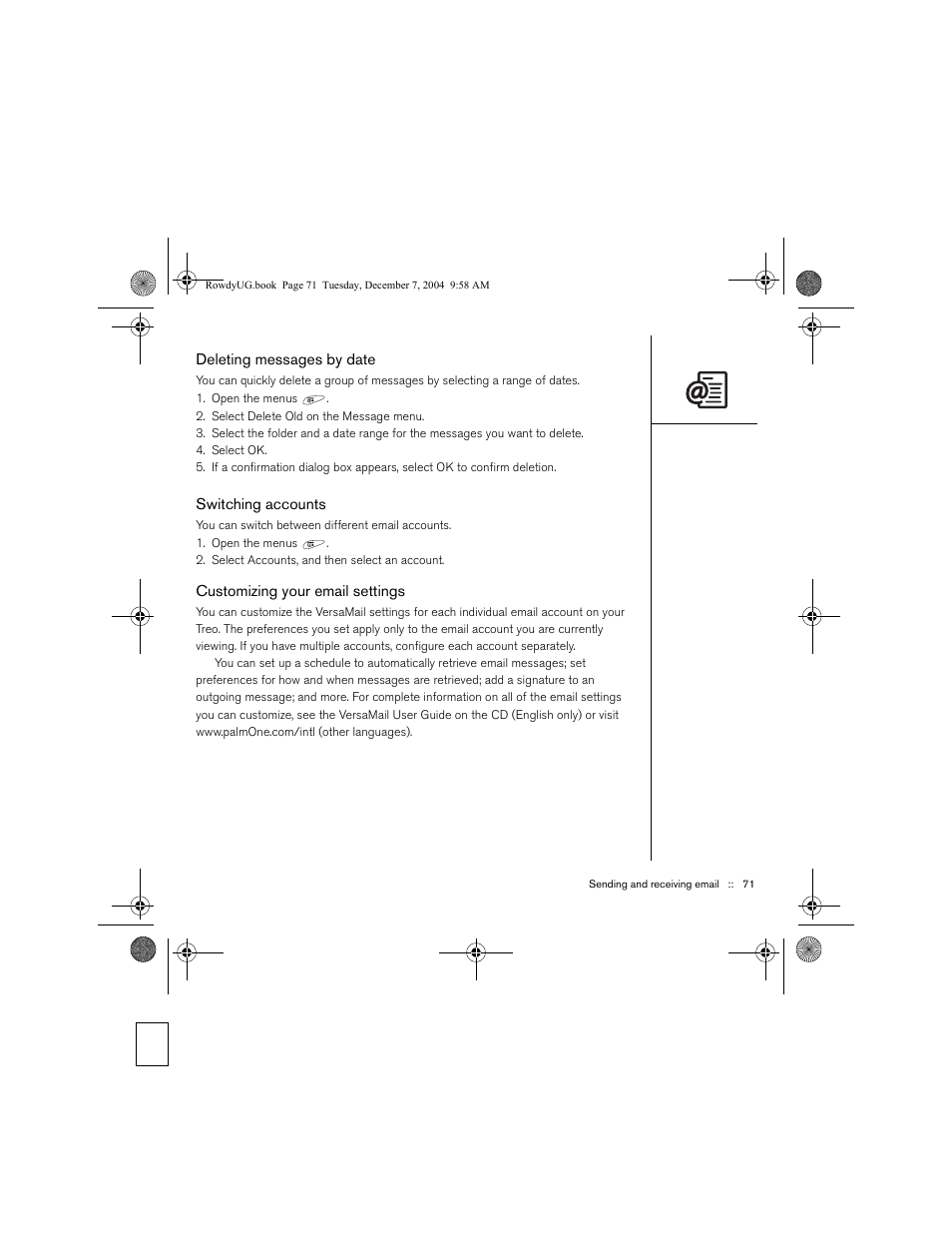 Deleting messages by date, Switching accounts, Customizing your email settings | Palm TREOTM 650 User Manual | Page 73 / 208