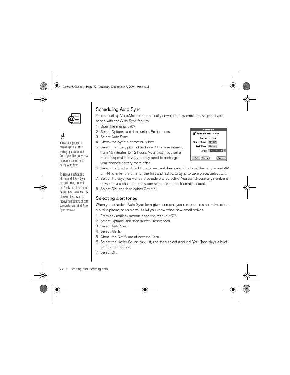 Scheduling auto sync, Selecting alert tones | Palm TREOTM 650 User Manual | Page 74 / 208