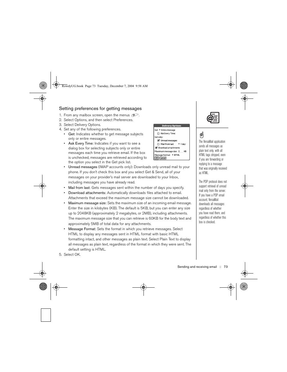 Setting preferences for getting messages | Palm TREOTM 650 User Manual | Page 75 / 208