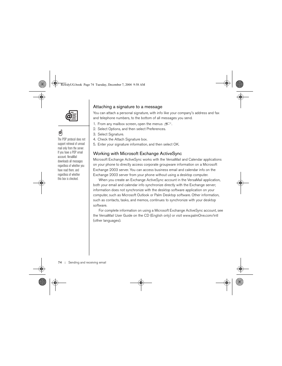 Attaching a signature to a message, Working with microsoft exchange activesync | Palm TREOTM 650 User Manual | Page 76 / 208