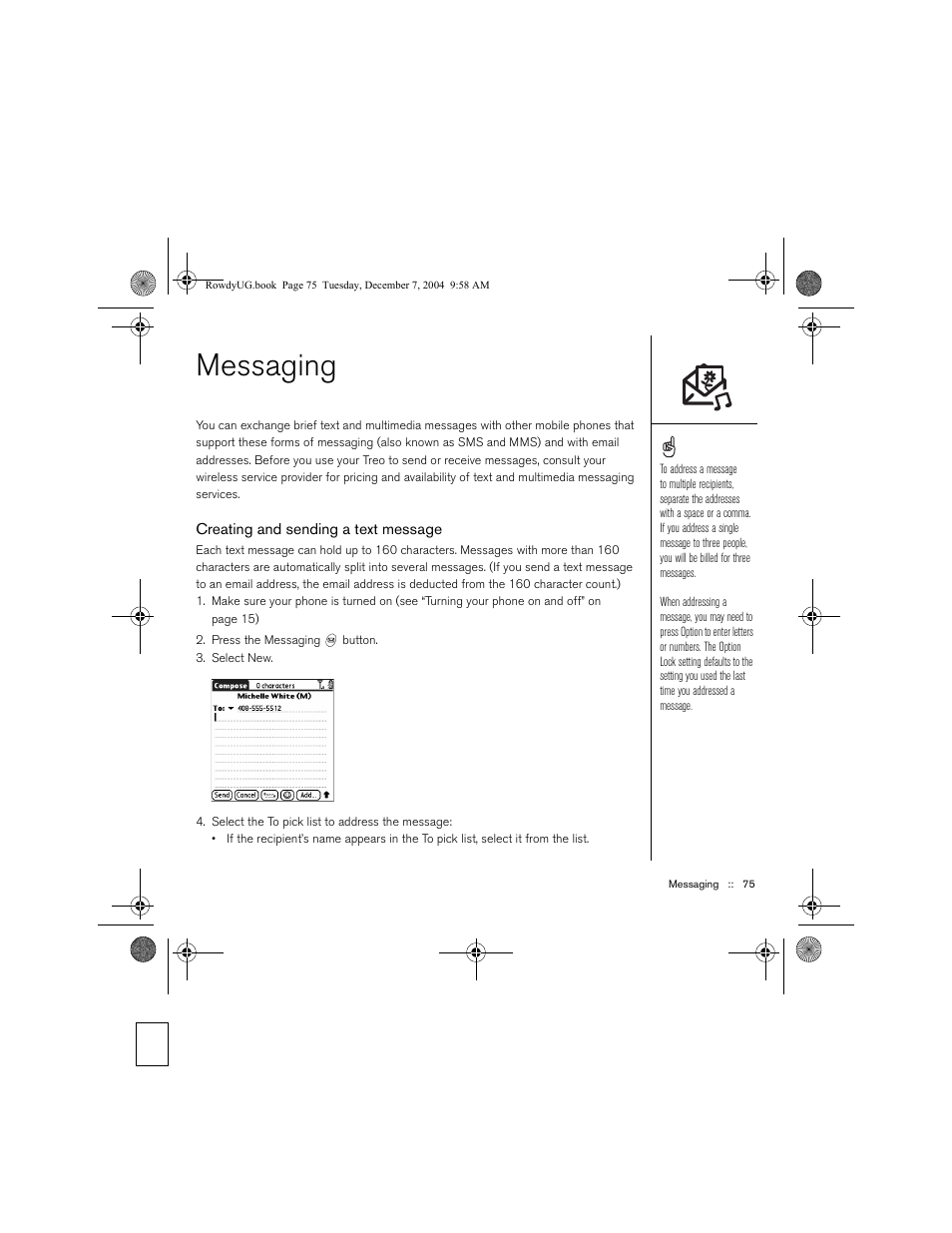 Messaging, Creating and sending a text message | Palm TREOTM 650 User Manual | Page 77 / 208