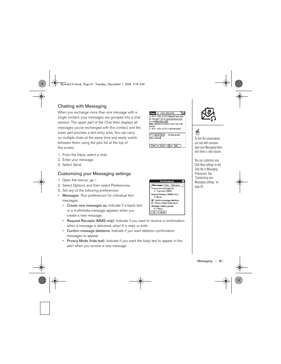 Chatting with messaging, Customizing your messaging settings | Palm TREOTM 650 User Manual | Page 83 / 208