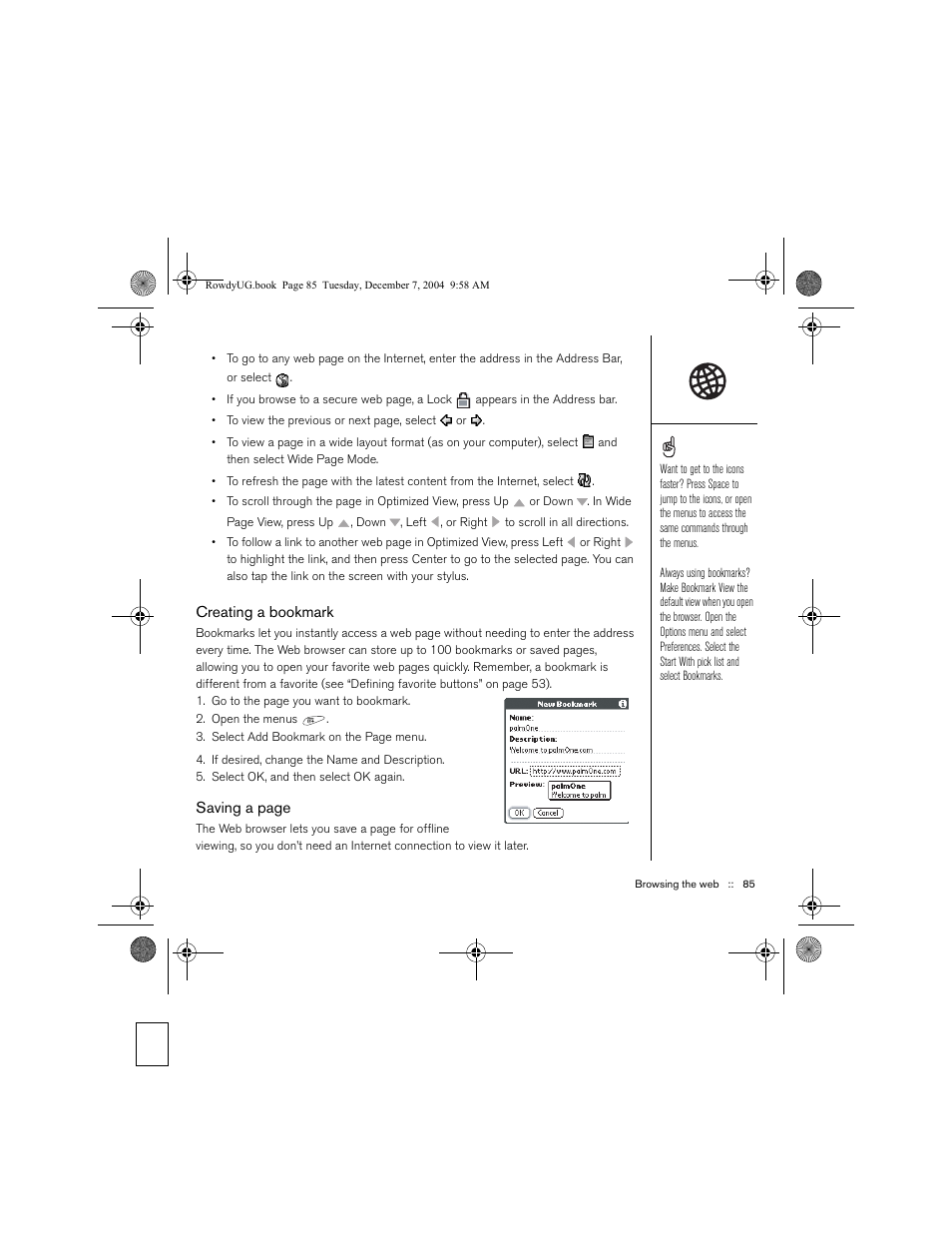 Creating a bookmark | Palm TREOTM 650 User Manual | Page 87 / 208