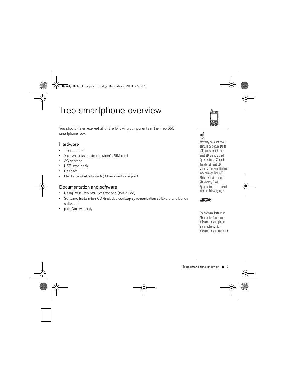 Treo smartphone overview, Hardware, Documentation and software | Palm TREOTM 650 User Manual | Page 9 / 208